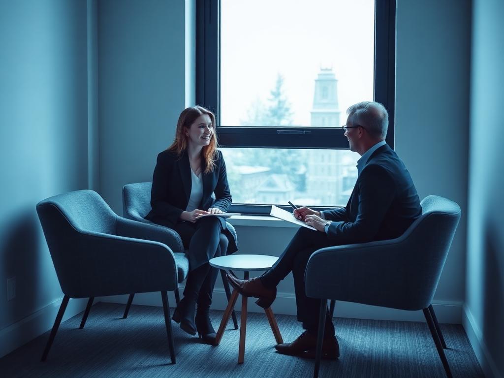Entretien de coaching en tête-à-tête près d'une fenêtre
